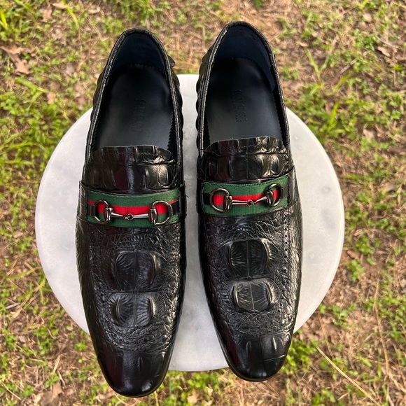 🔥 GG Horse Bit Black Leather CROC Embossed Loafers Mens SZ EU 42, US 9 Like New - Picture 7 of 10